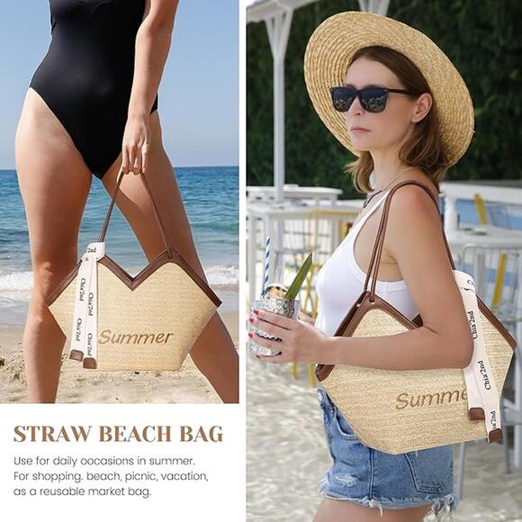 New Trifabricy Straw Summer Cruise Beach Faux Leather Trim Zippered Tote Bag - Picture 4 of 6